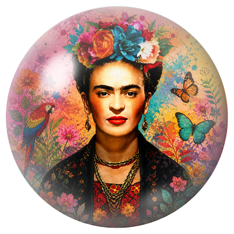 Cabochon en Verre Illustré Frida aux Papillons et au Perroquet dans un Jardin Corail 12 à 25mm