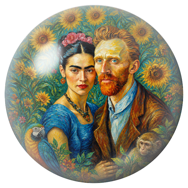 Cabochon en Verre Illustré Frida et Diego parmi les Tournesols 12 à 25mm