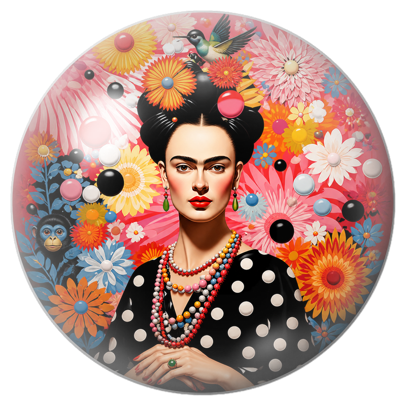 Cabochon en Verre Illustré Frida Pop aux Fleurs et au Colibri 12 à 25mm