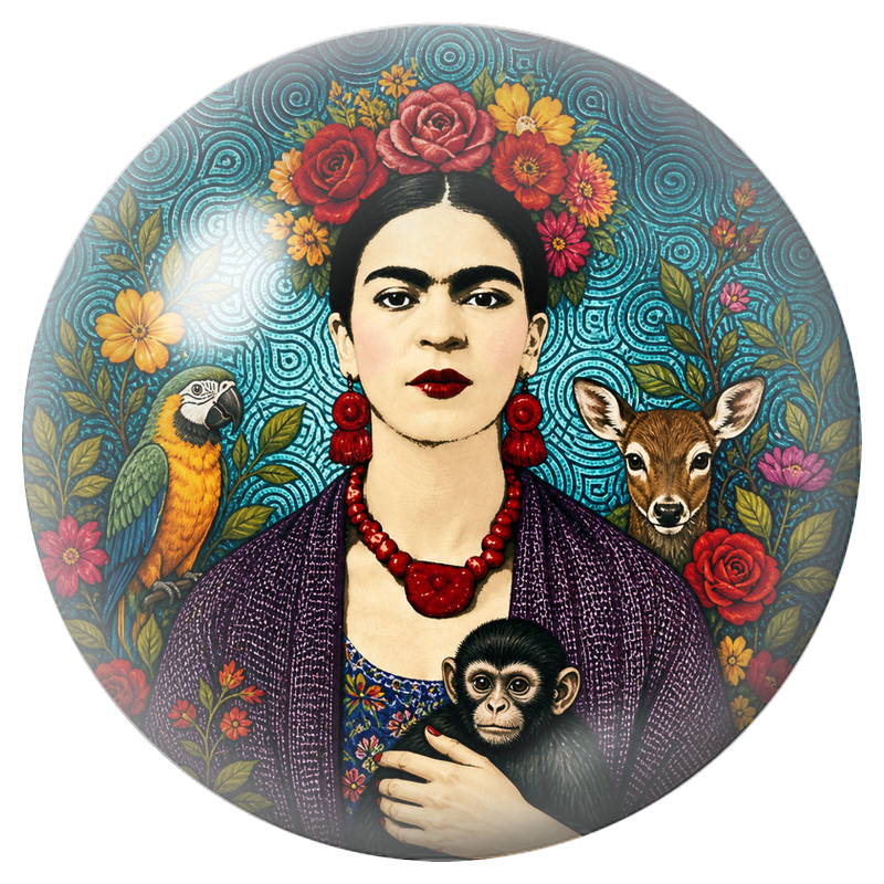 Cabochon en Verre Illustré Frida au Perroquet, au Faon et au Singe 12 à 25mm