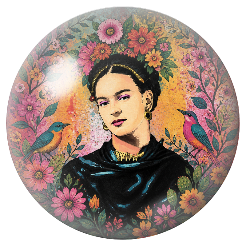 Cabochon en Verre Illustré Frida aux Deux Oiseaux dans un Jardin Fleuri 12 à 25mm