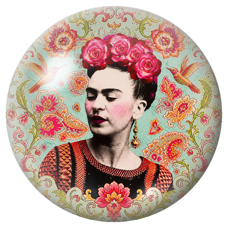 Cabochon en Verre Illustré Frida aux Deux Colibris dans un Jardin Turquoise 12 à 25mm