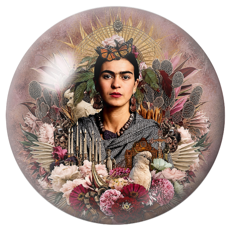 Cabochon en Verre Illustré Frida au Papillon et aux Oiseaux dans un Jardin Symbolique 12 à 25mm