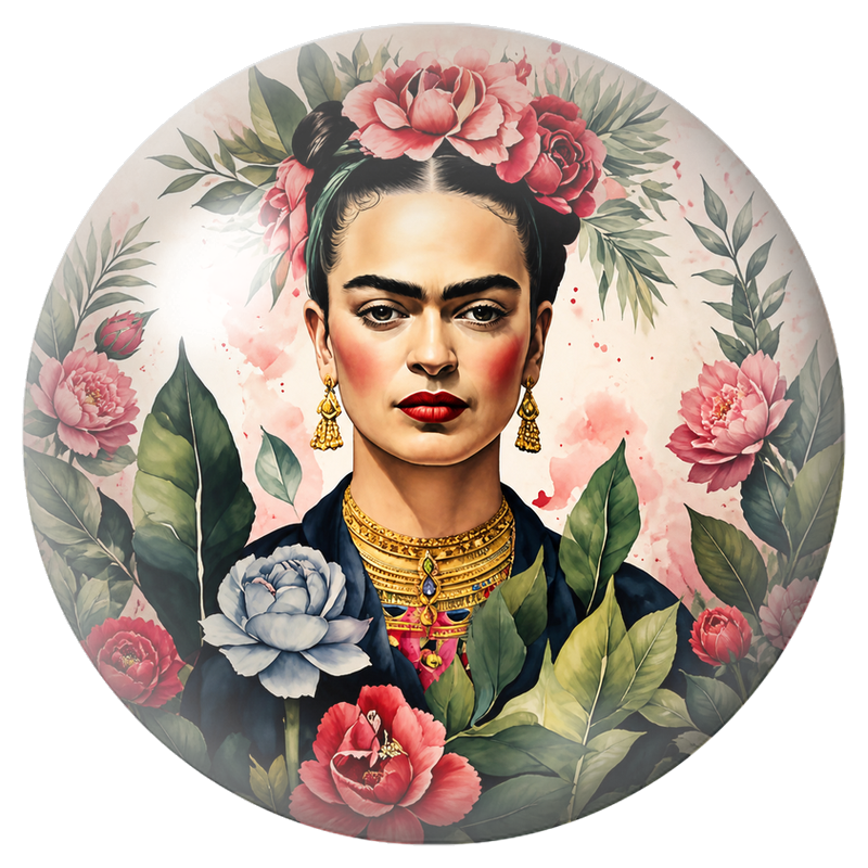 Cabochon en Verre Illustré Frida aux Fleurs Roses et Blanches 12 à 25mm