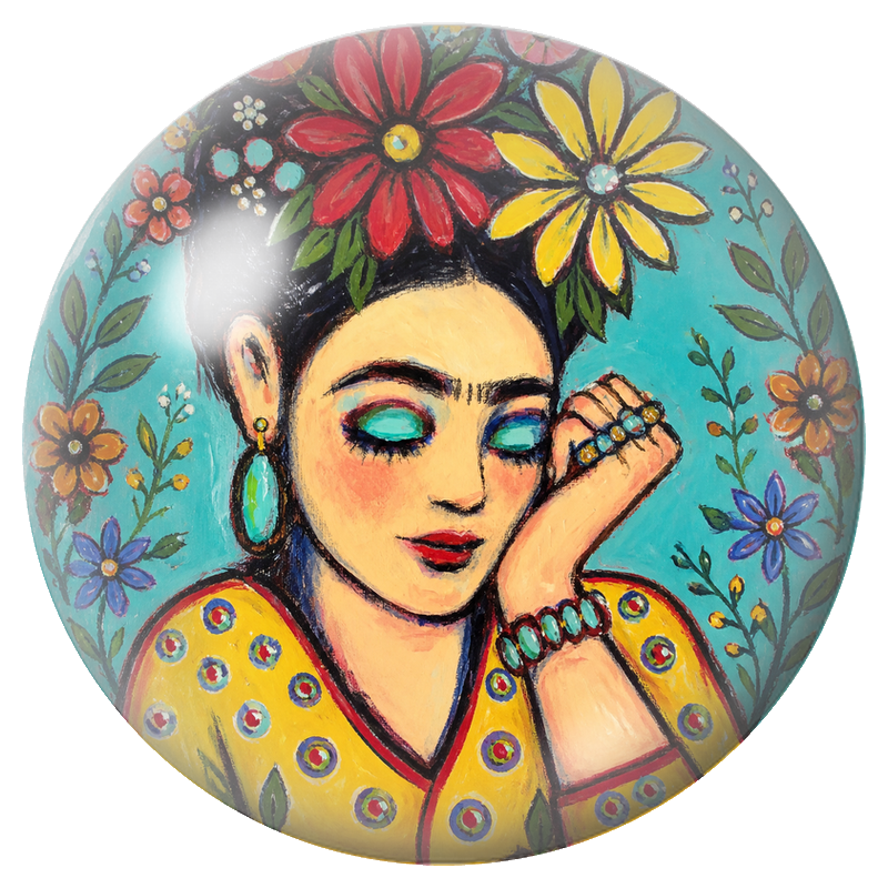 Cabochon en Verre Illustré Frida Rêveuse aux Fleurs Colorées 12 à 25mm