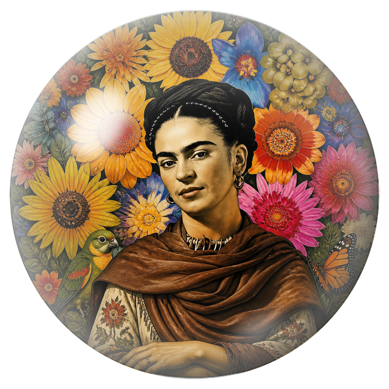 Cabochon en Verre Illustré Frida aux Tournesols avec Perroquet et Papillon 12 à 25mm
