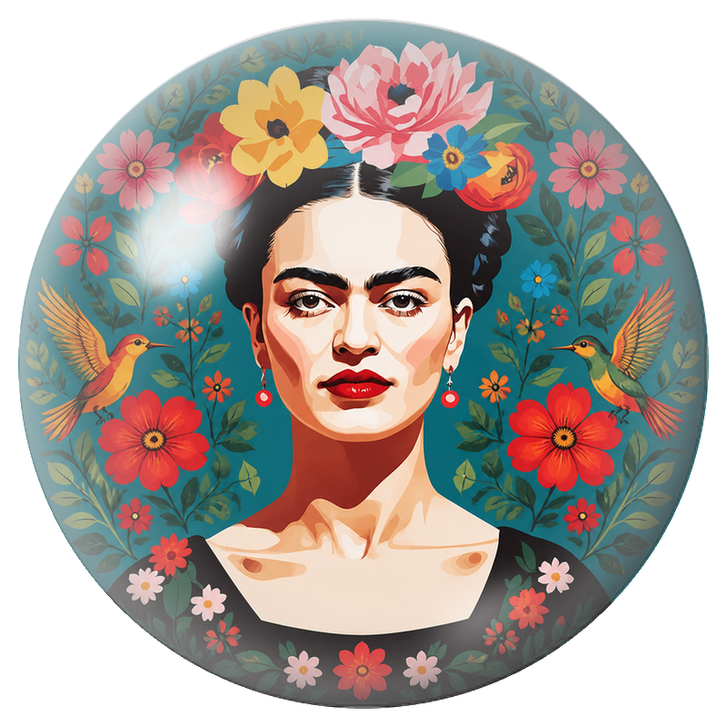 Cabochon en Verre Illustré Frida aux Deux Colibris dans un Jardin Rouge 12 à 25mm