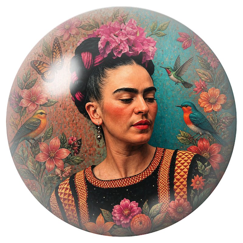 Cabochon en Verre Illustré Frida au Jardin de Colibris et de Papillons 12 à 25mm