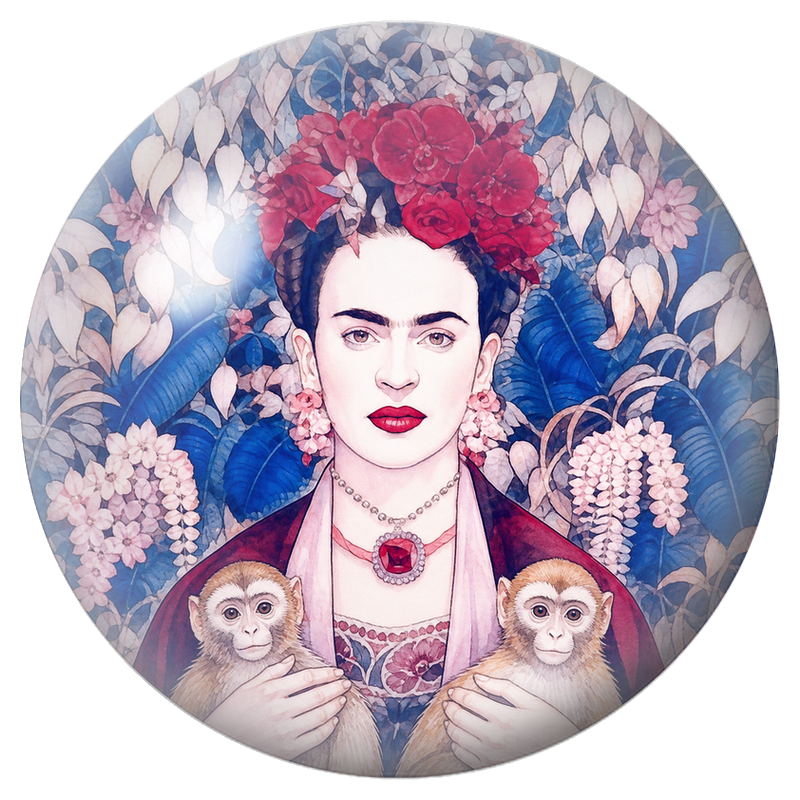 Cabochon en Verre Illustré Frida aux Deux Singes dans un Jardin Bleu 12 à 25mm