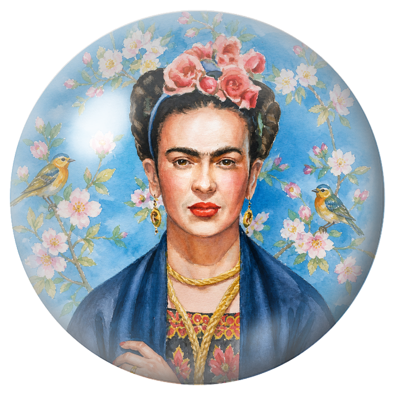 Cabochon en Verre Illustré Frida aux Deux Oiseaux dans un Jardin de Fleurs 12 à 25mm