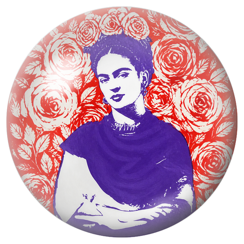 Cabochon en Verre Illustré Frida Pop Violette sur Fond de Roses Rouges 12 à 25mm