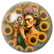 Cabochon en Verre Illustré Frida au Miroir dans un Champ de Tournesols 12 à 25mm pour la Création de Bijoux Fantaisie - DIY