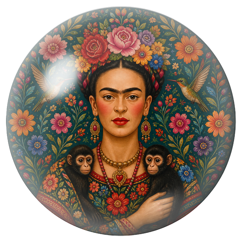 Cabochon en Verre Illustré Frida aux Deux Singes et aux Colibris dans les Fleurs 12 à 25mm