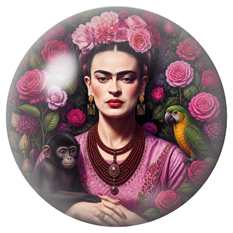Cabochon en Verre Illustré Frida au Singe et au Perroquet dans un Jardin de Roses 12 à 25mm