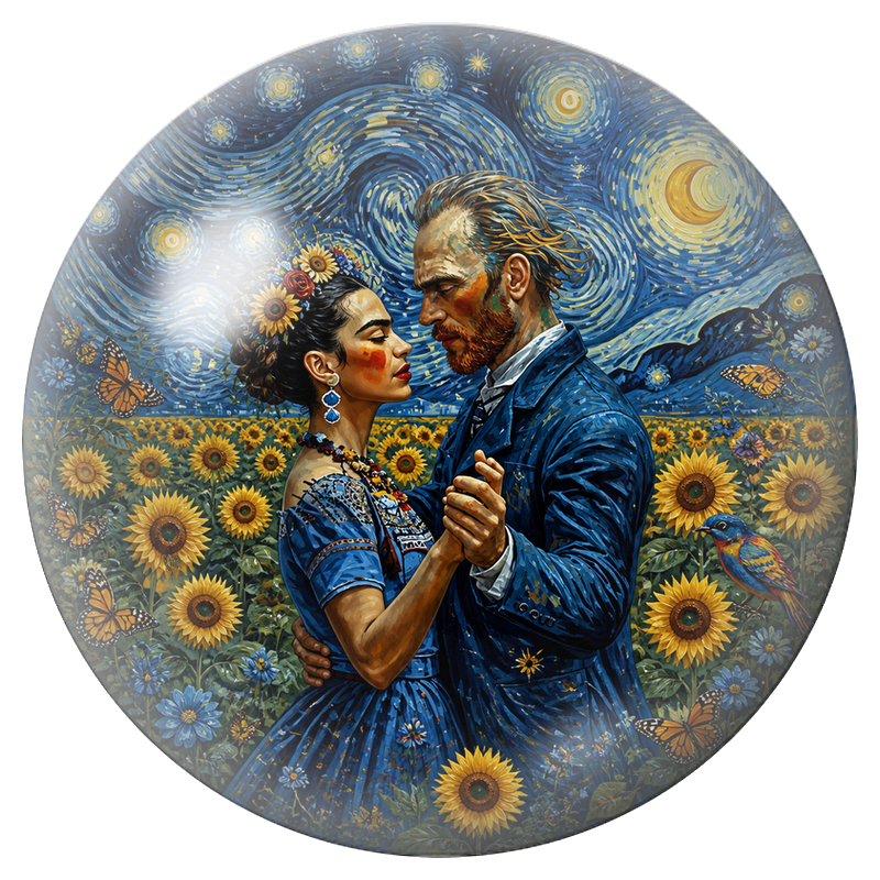 Cabochon en Verre Illustré Frida et Diego dans un Champ de Tournesols 12 à 25mm