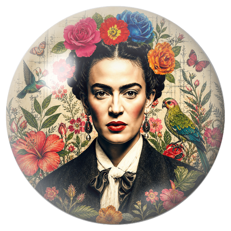 Cabochon en Verre Illustré Frida aux Colibris et au Perroquet dans un Jardin Fleuri 12 à 25mm