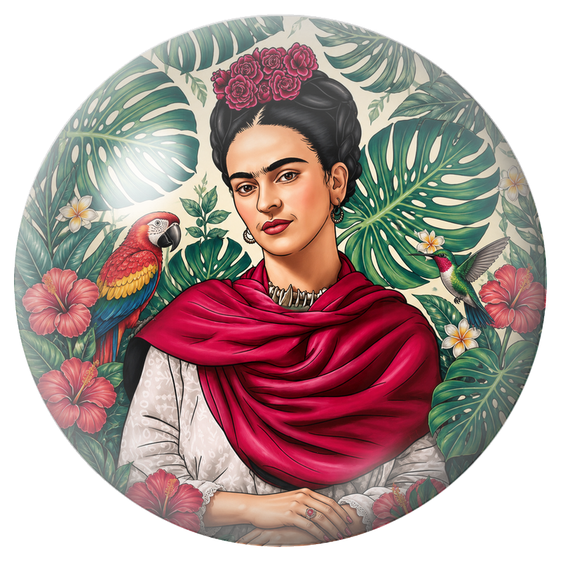 Cabochon en Verre Illustré Frida au Perroquet et au Colibri dans les Feuillages 12 à 25mm