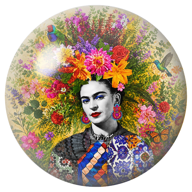 Cabochon en Verre Illustré Frida au Jardin Fleuri avec un Colibri 12 à 25mm