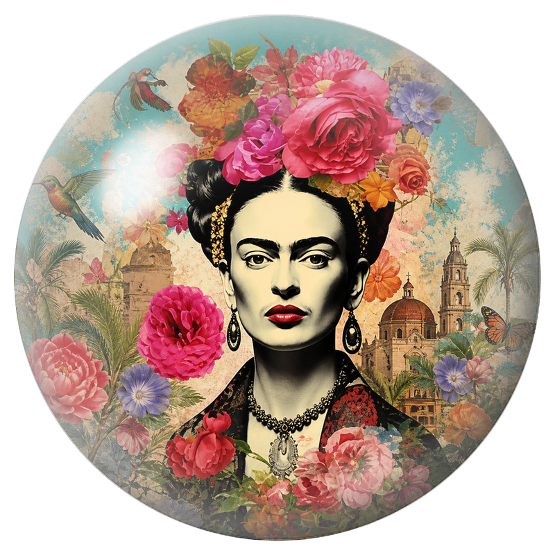 Cabochon en Verre Illustré Frida aux Roses dans un Jardin Mexicain 12 à 25mm