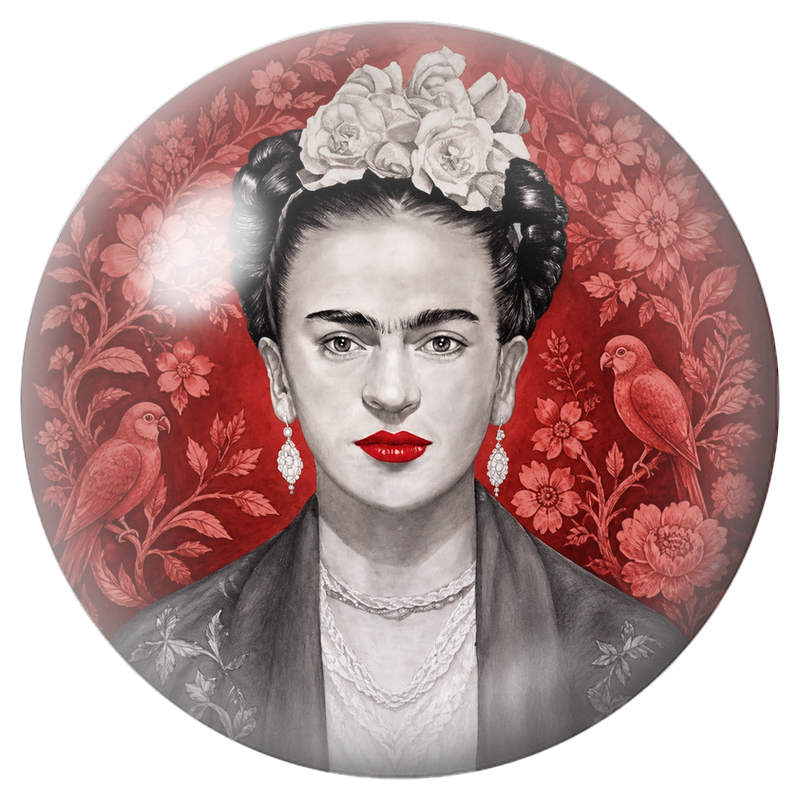 Cabochon en Verre Illustré Frida aux Fleurs Blanches et aux Perroquets 12 à 25mm
