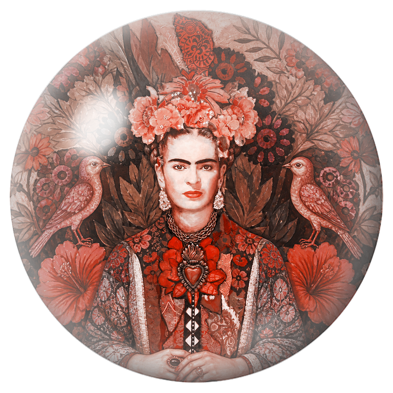 Cabochon en Verre Illustré Frida aux Deux Oiseaux dans les Fleurs Rouges 12 à 25mm