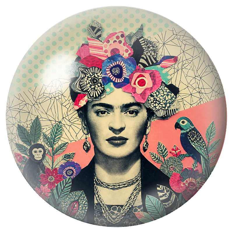 Cabochon en Verre Illustré Frida au Perroquet et au Singe dans un Collage Fleuri 12 à 25mm