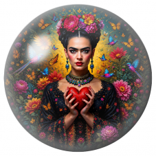 Cabochon en Verre Illustré Frida au Cœur Rouge et aux Papillons 12 à 25mm pour la Création de Bijoux Fantaisie - DIY