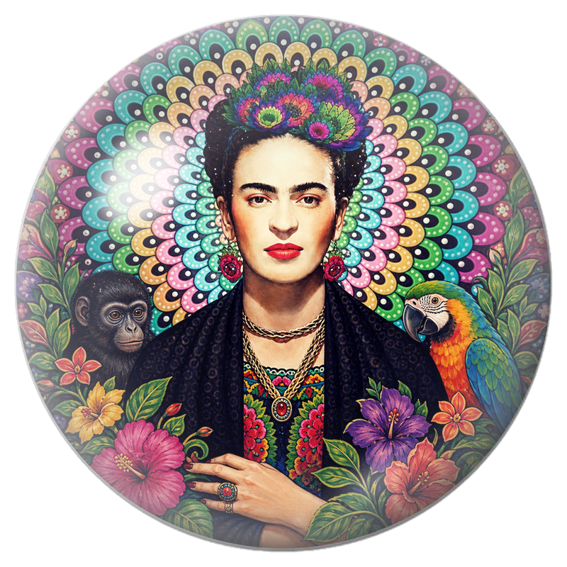 Cabochon en Verre Illustré Frida au Singe et au Perroquet dans les Fleurs 12 à 25mm