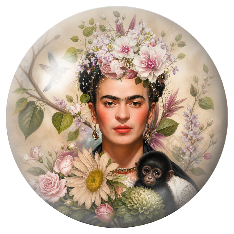 Cabochon en Verre Illustré Frida au Singe et au Colibri parmi les Fleurs 12 à 25mm