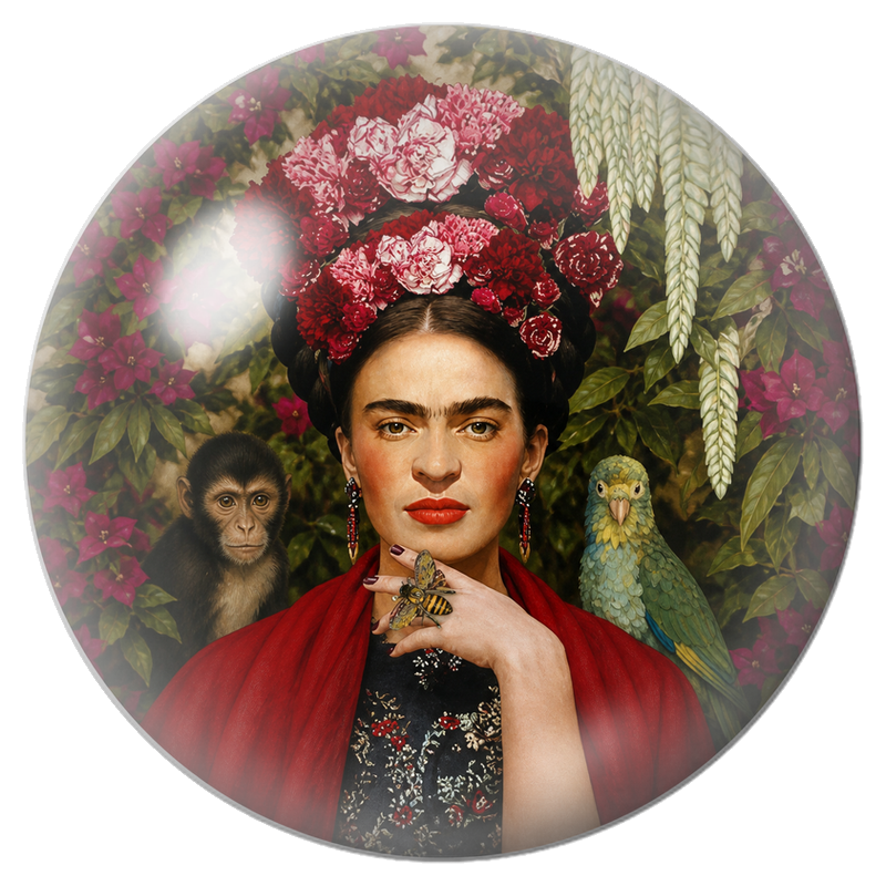Cabochon en Verre Illustré Frida au Singe et au Perroquet avec un Papillon 12 à 25mm