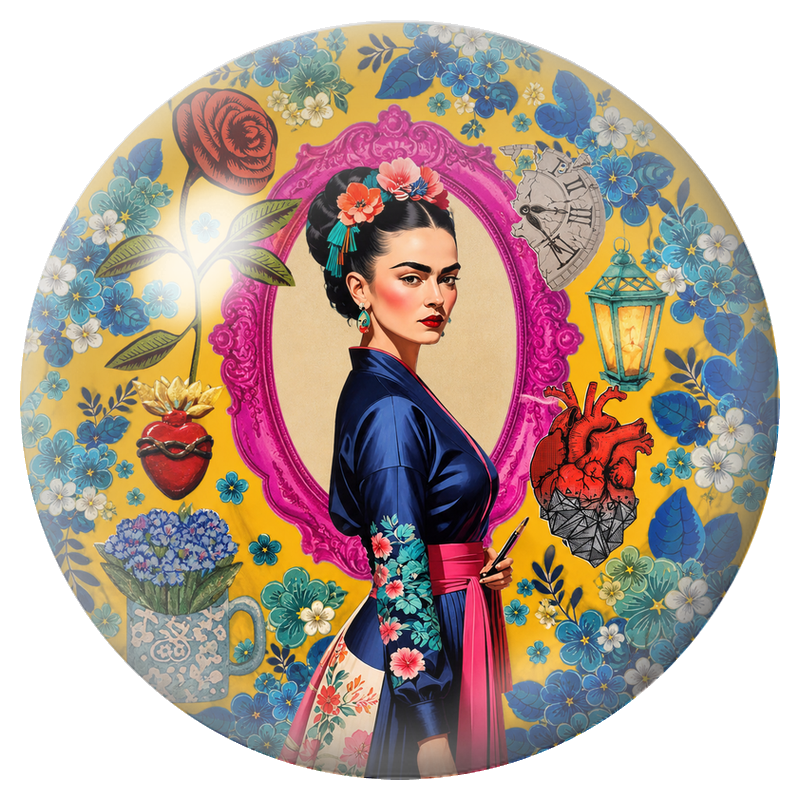 Cabochon en Verre Illustré Frida dans le Miroir Rose au Cœur Anatomique 12 à 25mm