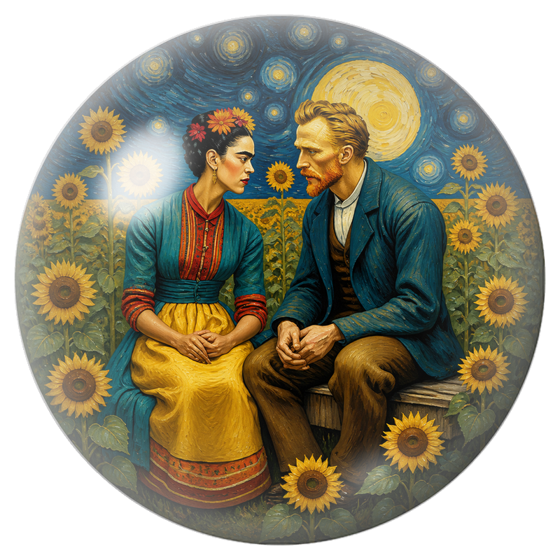 Cabochon en Verre Illustré Frida et Diego dans le Champ de Tournesols 12 à 25mm