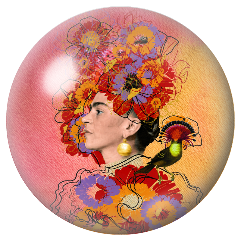 Cabochon en Verre Illustré Frida de Profil à l’Oiseau Coloré 12 à 25mm