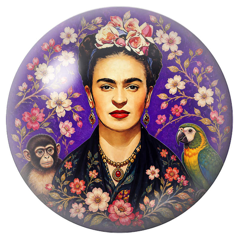 Cabochon en Verre Illustré Frida au Singe et au Perroquet sur Fond Violet 12 à 25mm