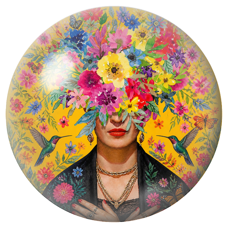 Cabochon en Verre Illustré Frida au Bouquet Fleuri et aux Colibris 12 à 25mm