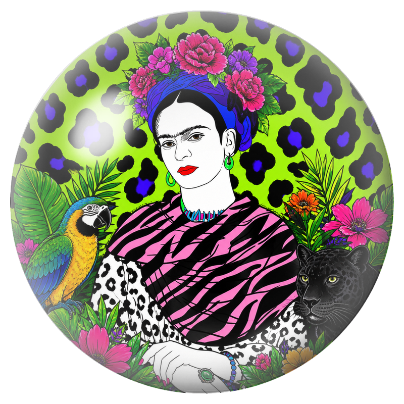 Cabochon en Verre Illustré Frida au Perroquet et à la Panthère Noire 12 à 25mm