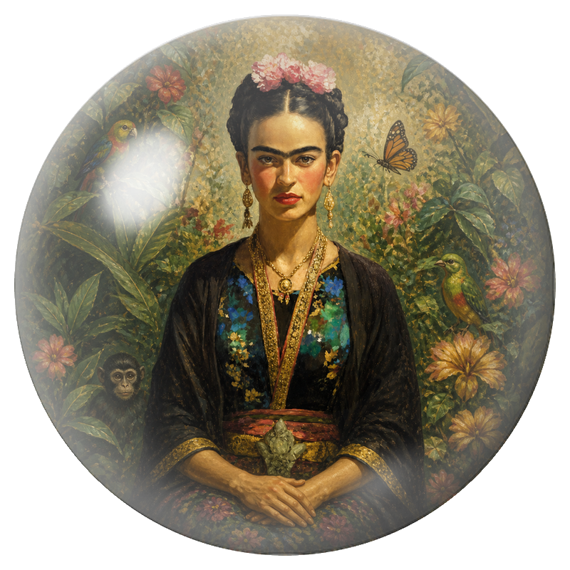 Cabochon en Verre Illustré Frida au Perroquet, au Singe et au Papillon 12 à 25mm