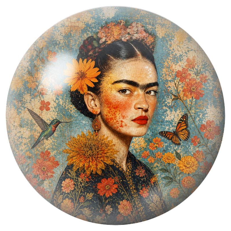 Cabochon en Verre Illustré Frida au Colibri et au Papillon Orange 12 à 25mm