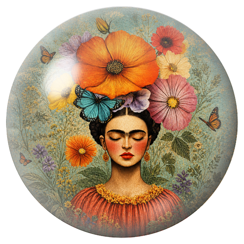 Cabochon en Verre Illustré Frida aux Papillons dans un Jardin de Fleurs 12 à 25mm