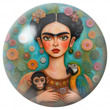 Cabochon en Verre Illustré Frida au Singe et au Perroquet parmi les Rosaces 12 à 25mm pour la Création de Bijoux Fantaisie - DIY