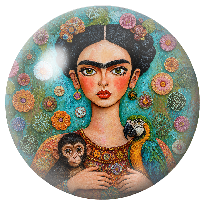 Cabochon en Verre Illustré Frida au Singe et au Perroquet parmi les Rosaces 12 à 25mm