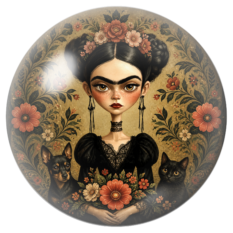 Cabochon en Verre Illustré Frida aux Chats et au Chien dans les Fleurs 12 à 25mm