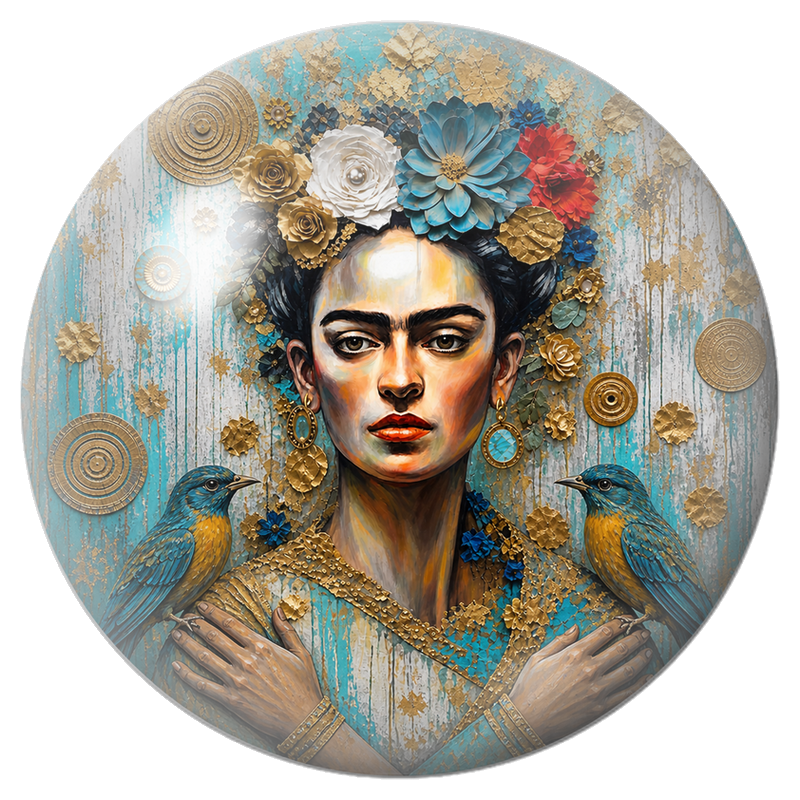 Cabochon en Verre Illustré Frida aux Deux Oiseaux Bleus 12 à 25mm