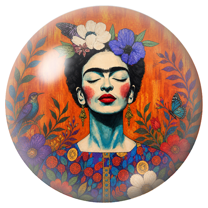 Cabochon en Verre Illustré Frida aux Colibris les Yeux Fermés 12 à 25mm