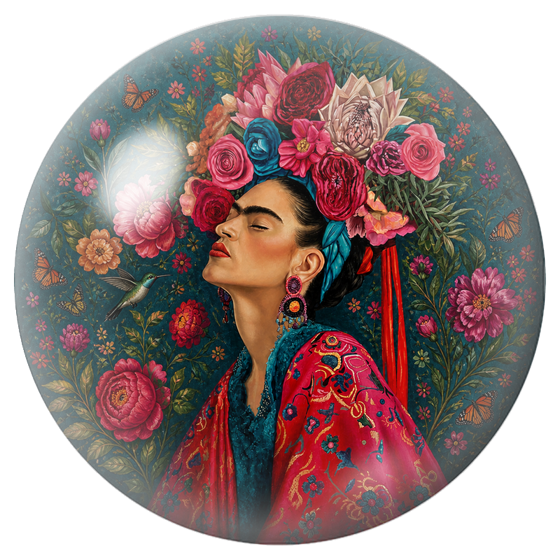 Cabochon en Verre Illustré Frida de Profil aux Papillons et au Colibri 12 à 25mm