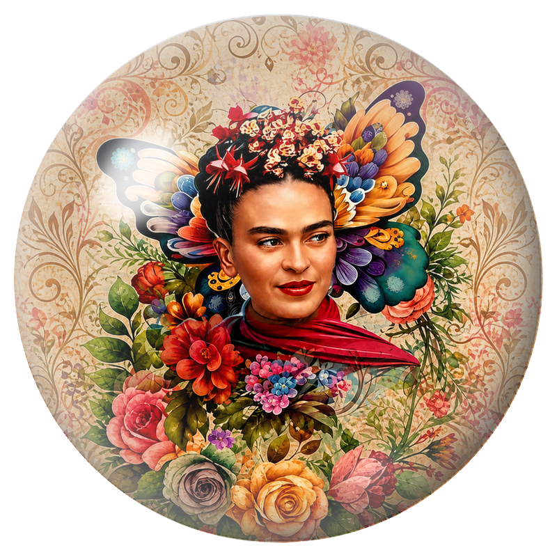 Cabochon en Verre Illustré Frida au Bouquet de Fleurs Colorées 12 à 25mm