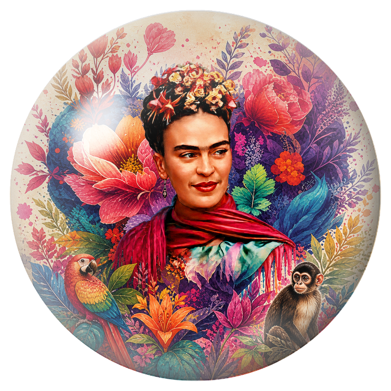 Cabochon en Verre Illustré Frida au Perroquet et au Singe dans les Fleurs 12 à 25mm