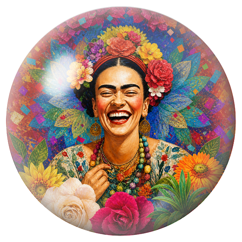 Cabochon en Verre Illustré Frida Riant dans un Jardin de Fleurs 12 à 25mm