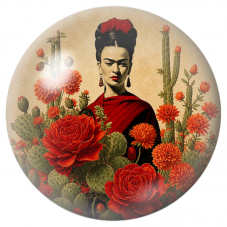 Cabochon en Verre Illustré Frida dans les Cactus et les Fleurs Rouges 12 à 25mm pour la Création de Bijoux Fantaisie - DIY