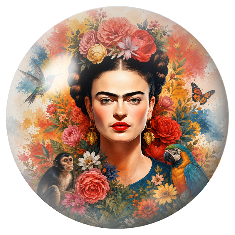 Cabochon en Verre Illustré Frida au Colibri, au Perroquet et au Singe 12 à 25mm